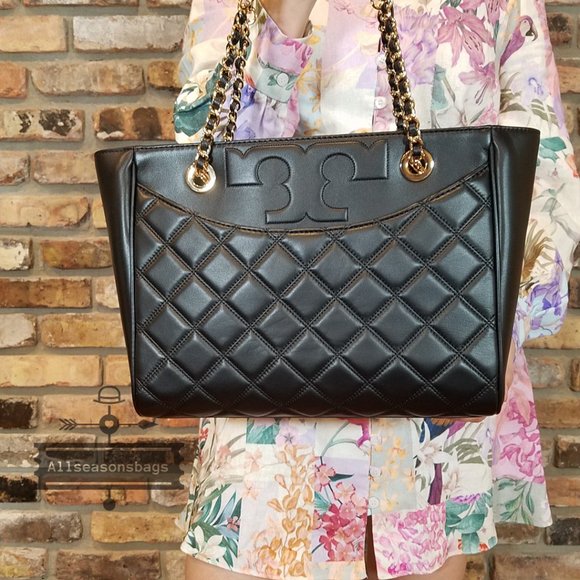 Tory Burch Small Savannah Flat Tote Black Leather - Picture 4 of 14